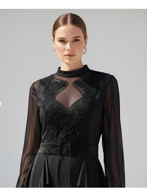 Rabiossa Kadın Güpür Işlemeli ve Tüy Detaylı Şifon Abiye Elbise