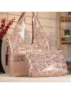 Pembe Safari Desen Deri Çanta - 40158 , Iç Çantalı , Omuz Askılı , Orijinal Deri , Bayan Çanta