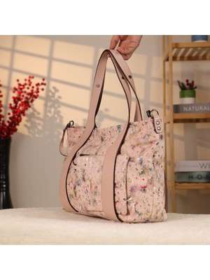 Çiçek Desenli Deri Çanta - 40278 , Hakiki Deri , Pembe Renk Çanta , Modern Çanta