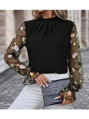 Kadın Uzun Kollu Yarı Balıkçı Yaka Tül Detaylı Ithal Krep Bluz