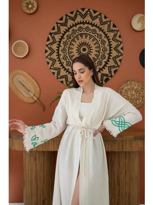 Kahverengi Baskı Detay Keten Sabahlık