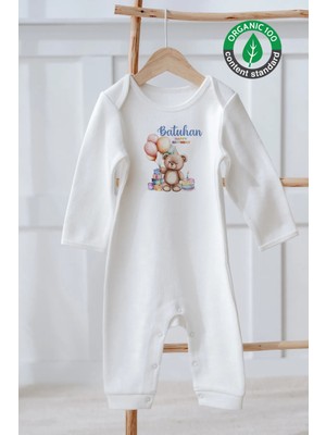 Lilabio %100 Pamuk Isme Özel Isimli Doğum Günü Bebek Tulum Balonlu Ayıcık ve Pasta