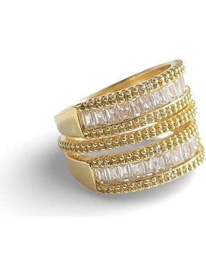 Cesicey Çelik Çift Sıra Yüzük Baget Taşlı Ayarlanabilir  Altın Renk