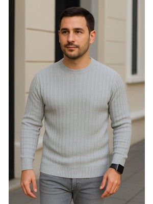Lara Giyim Erkek Yuvarlak Yaka Kazak Rahat Tam Kalıp Sıfır Saka 3 Iplik Şardonlu Gri