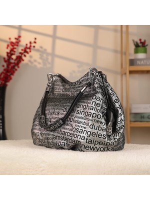 Gümüş Renk Isim Desenli Deri Çanta - 4037 , Orijinal Deri , Bayan Deri Çanta , Fermuarlı