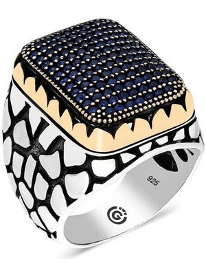 Fumeyabi Gümüş Lacivert Zirkon Taşlı Kare Erkek Yüzük