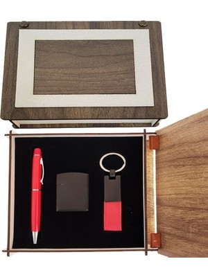 Efe Avm Özel Ahşap Kutulu Kırmızı Kalem Anahtarlık ve Çakmak Set