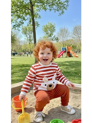 Sinem Çeyiz Bıcır 0040 Turuncu Çizgili Ayıcıklı Paçası Bantlı Eşofman Takım