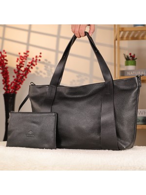 Siyah Renk Deri Çanta / Cüzdanlı - 40278 , Hakiki Deri Çanta , Bayan Çanta , Omuz Askılı , Iç Çepli