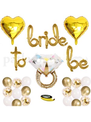 Braventa Collection Patladı Gitti Bride To Be El Yazısı, Tek Taş Yüzük ve Kalp Folyo Balonlu Gold Bride To Be Set
