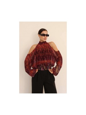 Kadın Halter Yaka Full Transparan Omuz Dekolteli Bluz