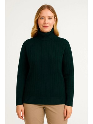 Balıkcı Yaka Bağazlı Triko Kazak Pamuklu Kalın Fitilli Dokuma - Haki