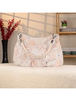 Pembe Çiçek Desenli Deri Çanta - 4037 , Orijinal Deri , Bayan Çanta , Krom Aksesuarlı , 3 Cepli