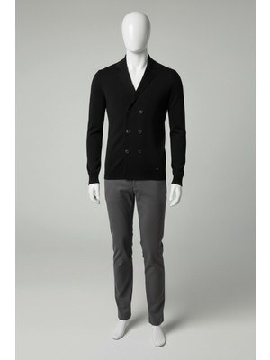 Elevli Erkek Triko Kruvaze Ceket Yaka Ince Hırka Siyah