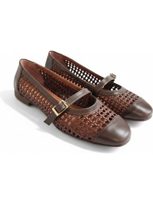 Ne&Ve Shoes Kahve Deri Biye Örgü Detaylı Tokalı Kadın Babet
