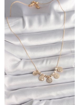 Pirinç Gold Renk 5'li Osmanlı Tuğra Figür Inci Detay Kadın Kolye - Lisinya