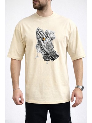 Caddekombin Erkek Dövmeli El ve Dolar Fotoğraf Baskılı Bisiklet Yaka Bej T-Shirt