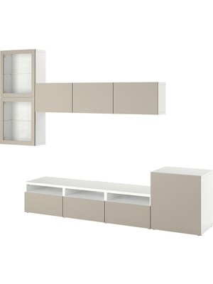 Hobiurun Tv Ünitesi, Beyaz-Açık Gri-Bej-Saydam Cam, 300X42X211 Cm, Lappvıken/sındvık, Çıt Çıt Raylı