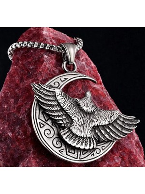 Gotik Stil Güç Sembolü Paslanmaz Çelik Kartal Figürlü Hilal Ay Erkek Kolye