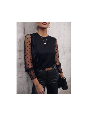 Kadın Uzun Kollu Bisiklet Yaka Kollar Puantiyeli Tül Detaylı Sandy Bluz