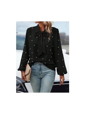 Kadın Uzun Kollu Yakadan Fiyonklu Incili Ithal Krep Bluz