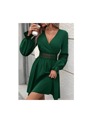 Kadın Uzun Kollu Kruvaze Yakalı Dantelli Fermuar Detaylı Mini Ithal Krep Elbise