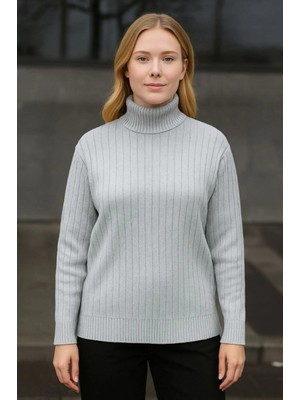 Balıkcı Yaka Bağazlı Triko Kazak Pamuklu Kalın Fitilli Dokuma - Gri