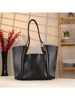 Siyah Renk Bayan Deri Çanta - 40388 , Hakiki Deri , Iç Çantalı ve Bölmeli