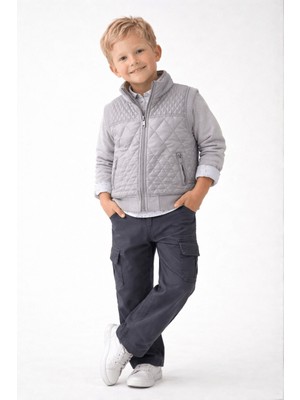 Turuncu Gardrop 2-9 Yaş Premium Baklava Desen Şişme Yelekli Pantolonlu 4'lü Erkek Çocuk Takım Gri