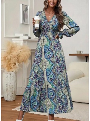 Kadın Uzun Kollu Kruvaze Yakalı Desenli Süprem Maxi Elbise