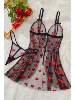 bebekokusu Kalp Desenli Siyah Transparan Gecelik BRF1378