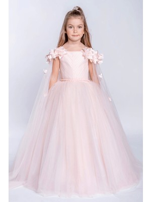 Turuncu Gardrop 2-11 Yaş Omuzları Çiçekli Kolları Tül Detay Kız Çocuk Elbise Gelinlik Pudra