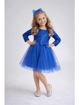 Turuncu Gardrop 4-12 Yaş Grenli Kadife Payetli Kız Çocuk Abiye Elbise Sax