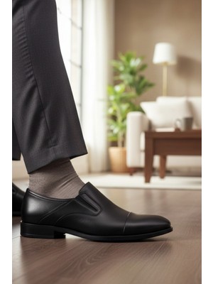 Enoch Siyah Hakiki Deri Kolay Giyilebilir Yanları Esnek Lastikli Modern Klasik Ayakkabı