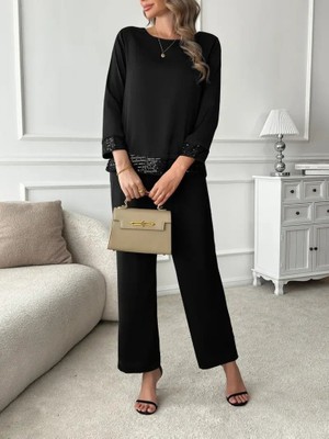 Nova Epoxy Art Kadın Uzun Kollu Bisiklet Yaka Pulpayetli Viskon Iki Iplik Bluz ve Pantolon Ikili Takım