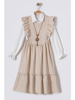 Turuncu Gardrop 10-17 Yaş Flamlı Gömlekli Kız Çocuk Elbise Bej