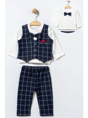 Turuncu Gardrop 6-12 Ay Kareli Yelek Pantolon Badi Bebek Takım Lacivert