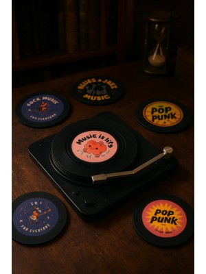 Miu Eski Plak Çalar Dekorlu 6'lı Bardak Altlığı 12*12CM