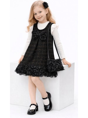 Turuncu Gardrop 2-10 Yaş Gül Etekli Çantalı Salopet Takım Siyah