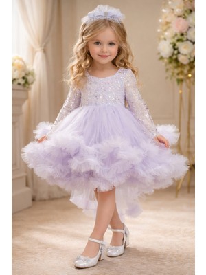 Turuncu Gardrop 2-6 Yaş Premium Payetli Kuyruklu Uzun Kol Kız Çocuk Abiye Lila