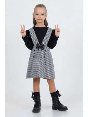 Turuncu Gardrop 2-9 Yaş Kazayağı Desen Deri Detay Kız Çocuk Salopet Siyah