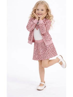 Turuncu Gardrop 4-10 Payet Ceket ve Şort Etekli 3lü Kız Çocuk Takım Gül Kurusu