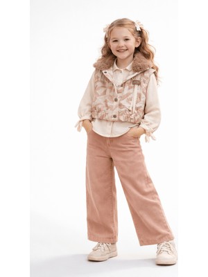 Turuncu Gardrop 3-6 Premium Yaş Kürk Yakalı Yelekli Kot Pantolonlu 3'lü Kız Takım Pudra