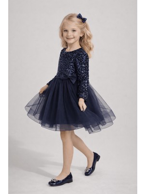 Turuncu Gardrop 4-12 Yaş Grenli Kadife Payetli Kız Çocuk Abiye Elbise Lacivert