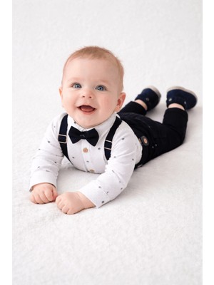 Turuncu Gardrop 6-24 Ay Desenli Çıtçıtlı Gömlek Pantolon Askı Papyon Seti Lacivert