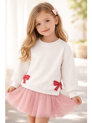 Turuncu Gardrop 3-7 Yaş Fiyonk Aplikeli Kız Çocuk Sweat Beyaz