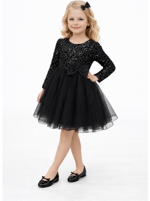 Turuncu Gardrop 4-12 Yaş Grenli Kadife Payetli Kız Çocuk Abiye Elbise Siyah