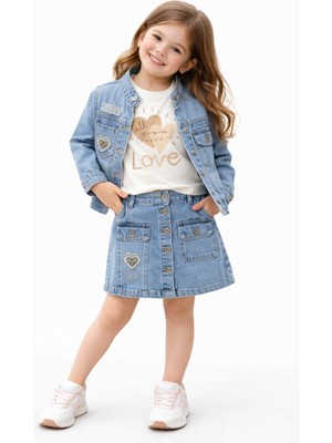 Turuncu Gardrop 2-5 Yaş Lüx Love Taşlı Kot Ceket Badi ve Kot Etekli Kız Takım Mavi
