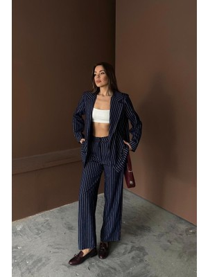 Nova Epoxy Art Lacivert Çizgili Ceket ve Pantolon Takım