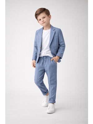 Turuncu Gardrop 3-14 Yaş Lüx Spor Coco Tişörtlü Keten Çocuk Takım Elbise Buz Mavi